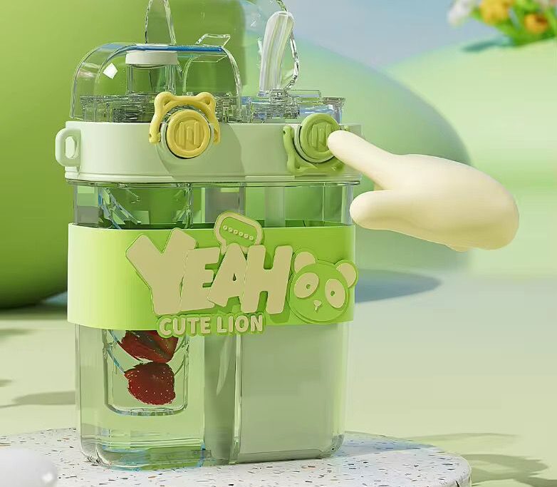 Dual Compartment Cartoon Water Bottle with Straw