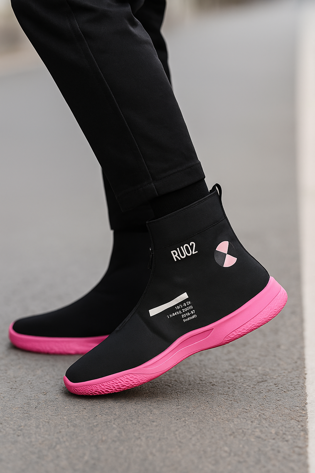 RU02 High-Top Street Sneakers -Black & Pink Bold Edition