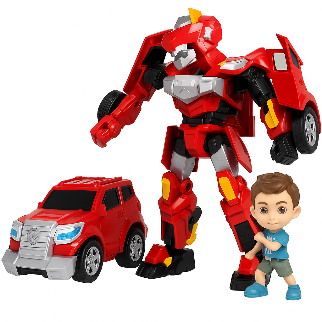 Hello Carbot Red Transformer Robot Toy with Boy Figure – 2-in-1 Transforming SUV Car to Robot Action Toy