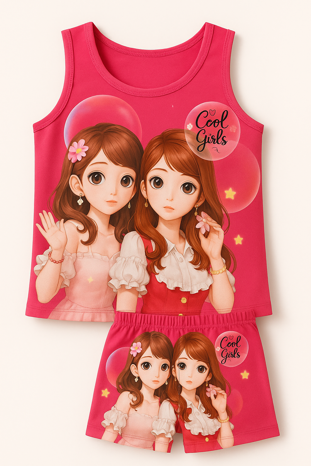 Kids Cool Girls Character Singlet & Shorts Set – Breathable 100% Cotton Summer Wear (Boys & Girls)