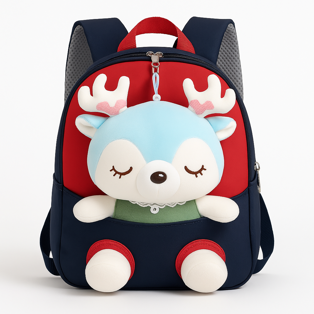 Cute Deer Red & Navy Plush Backpack Soft Cartoon School Bag for Toddlers & Nursery