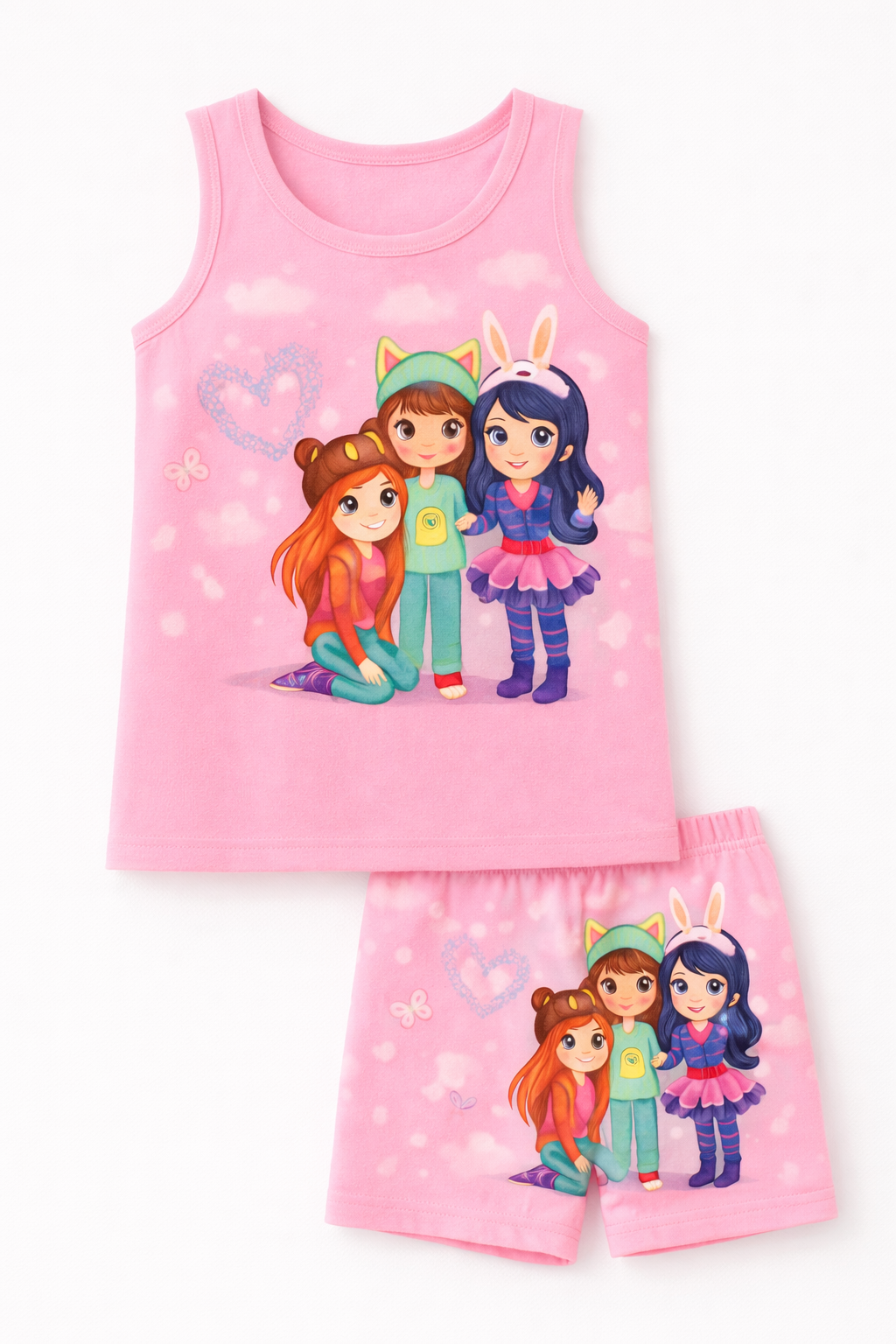 Kids Cartoon 3 Friends Character Singlet & Shorts Set – Breathable 100% Cotton Summer Wear (Boys & Girls)