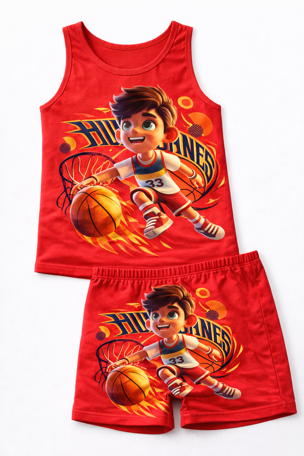 Flaming Basketball Character Singlet & Shorts Set – Breathable 100% Cotton Summer Wear (Boys & Girls) - Image 4