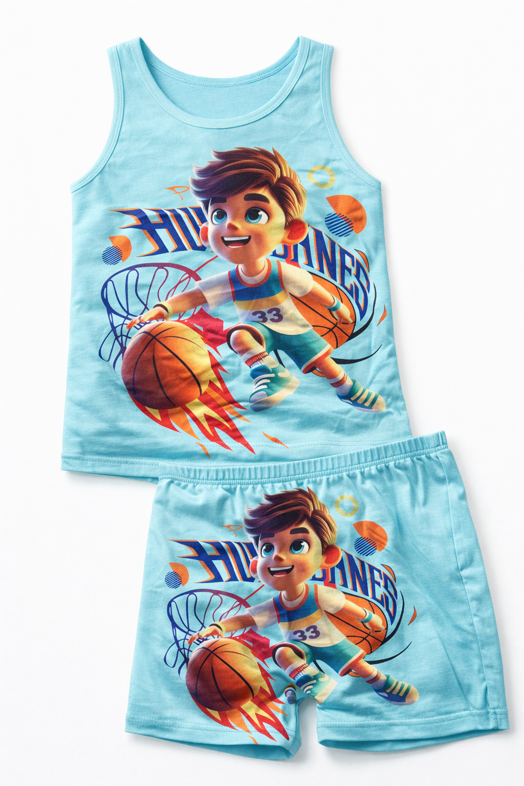 Flaming Basketball Character Singlet & Shorts Set – Breathable 100% Cotton Summer Wear (Boys & Girls) - Image 2