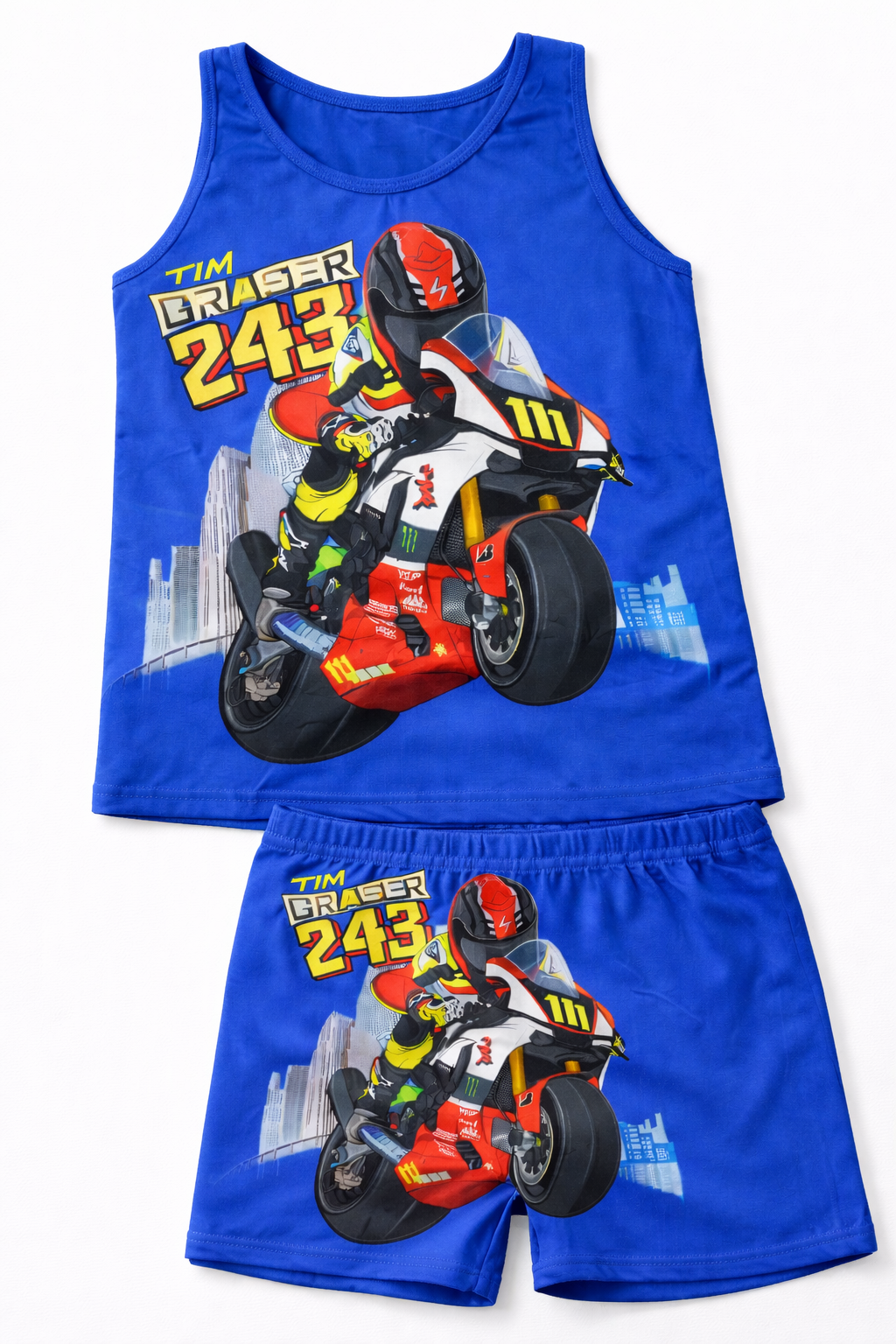 Motorcycle-themed children's tank top and shorts Design Singlet & Shorts Set – Breathable 100% Cotton Summer Wear (Boys & Girls) - Image 3