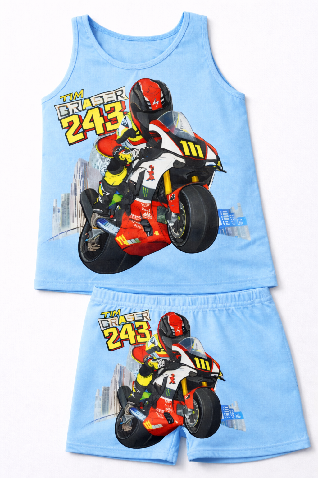 Motorcycle-themed children's tank top and shorts Design Singlet & Shorts Set – Breathable 100% Cotton Summer Wear (Boys & Girls) - Image 4