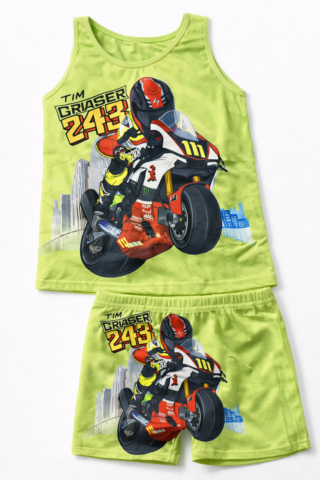Motorcycle-themed children's tank top and shorts Design Singlet & Shorts Set – Breathable 100% Cotton Summer Wear (Boys & Girls)