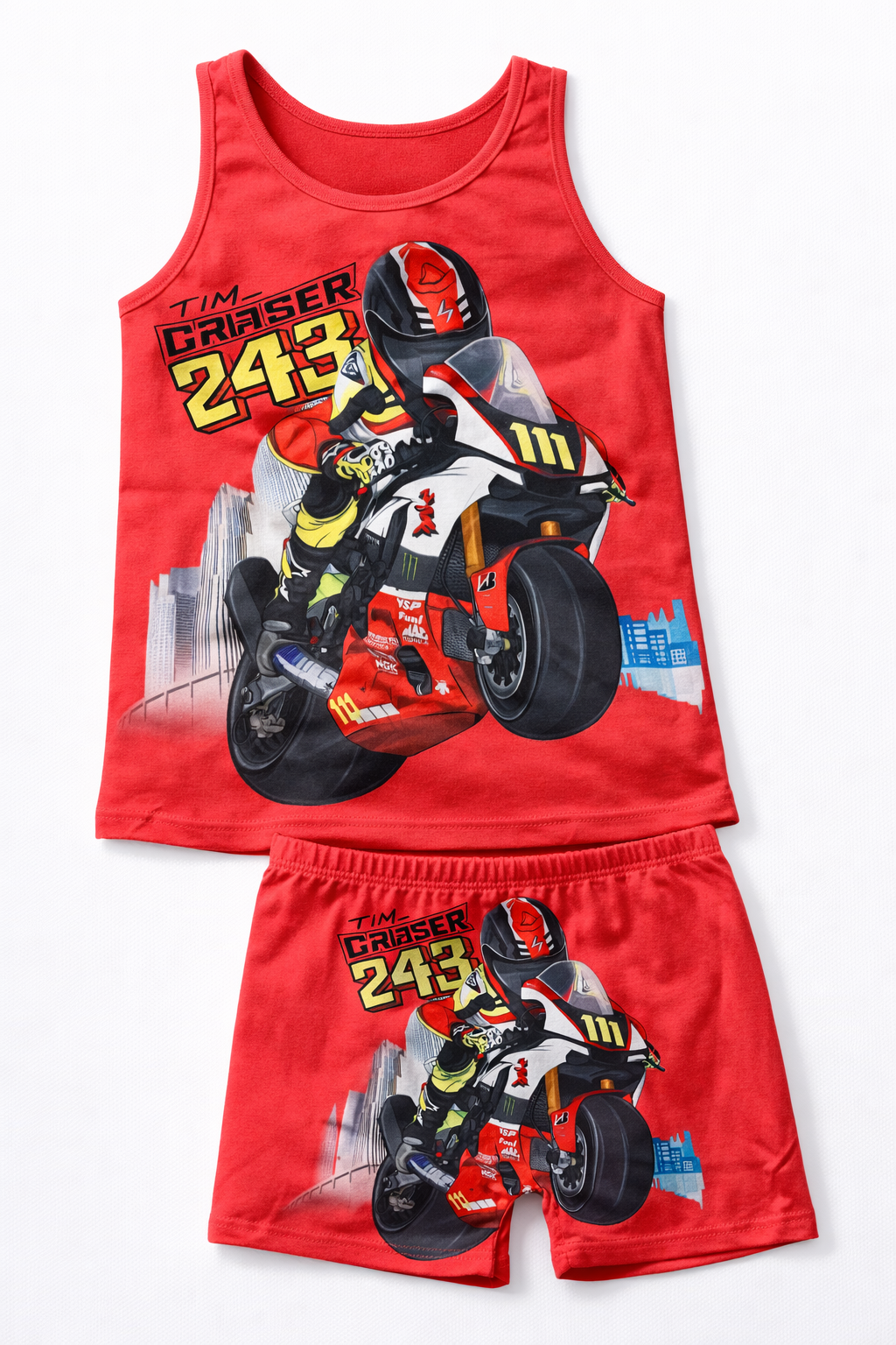 Motorcycle-themed children's tank top and shorts Design Singlet & Shorts Set – Breathable 100% Cotton Summer Wear (Boys & Girls) - Image 2