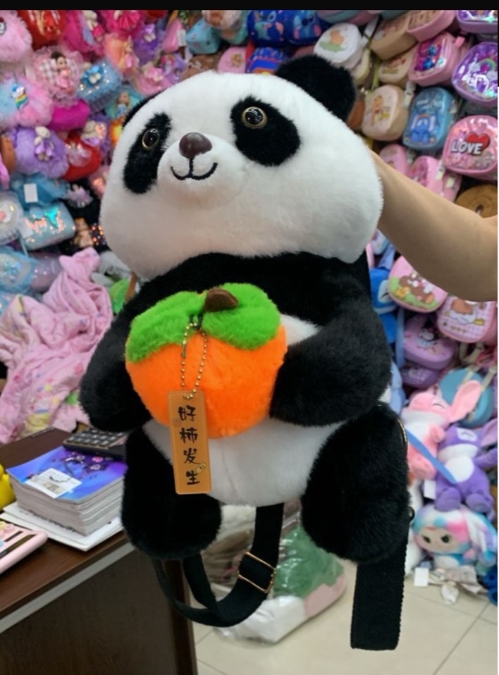 Cute Plush Panda Backpack with Peach Charm – Kawaii Animal Mini Bag for Kids, Teens & Adults