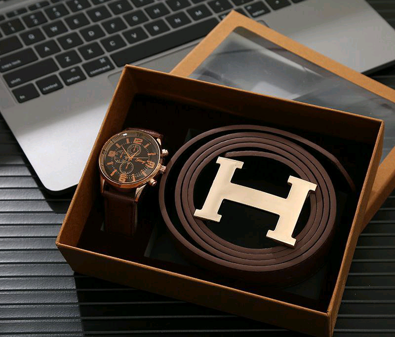 H-Gift Set for Men, Luxury Leather Belt & Wrist Watch Gift Box