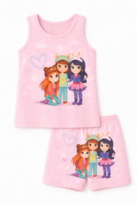 Cartoon 3 Friends Character Singlet & Shorts Set_Lighter Baby Pink